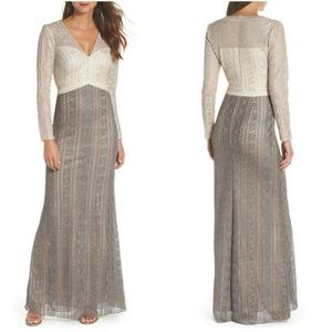 Tadashi Shoji Cream and taupe Long Sleeve Dress